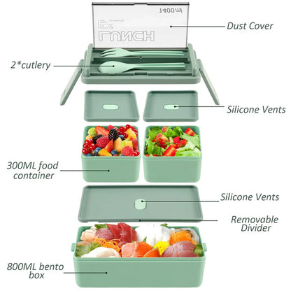 1400ml Double Layer Bento Box with Fork and Spoon Microwave Safe Portable Lunch Box