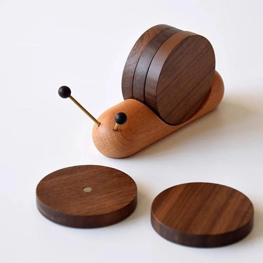 Walnut Wood Snail Coaster Set with Holder Anti-Slip Heat Resistant Home Decor