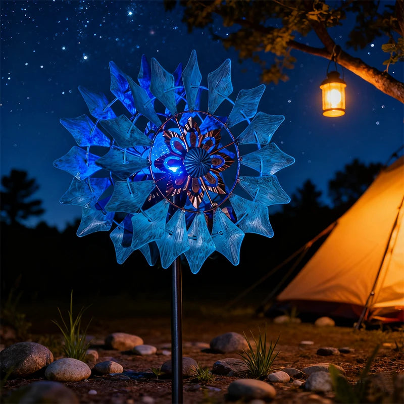 Wrought Iron Solar Wind Spinner with Gradient LED Lights Garden Decor Outdoor