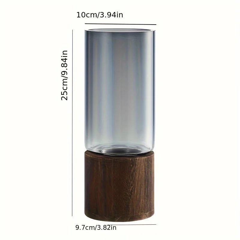 Glass Vase with Wooden Base Hydroponic Flower Vase Modern Home Decor