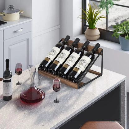 Slanted Desktop Wine Rack Wooden Iron Frame Bottle Storage Home Decor