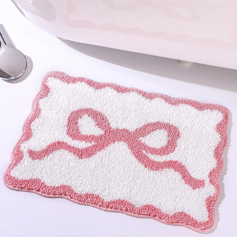 Bow Bath Mat Scalloped Non Slip Coquette Bathroom Bedroom Floor Rug