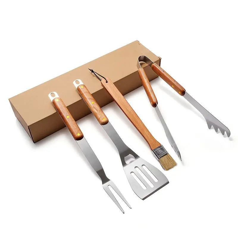 4-Piece Stainless Steel BBQ Tool Set with Wooden Handles Outdoor Grilling Kit