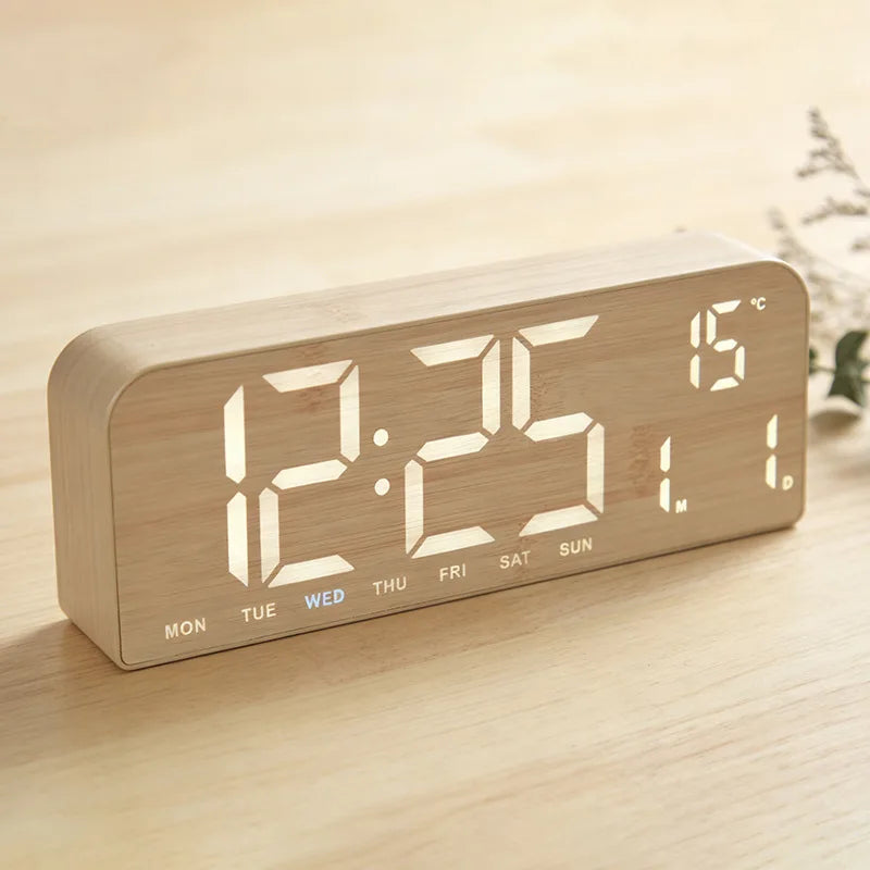 Digital Wooden Wall and Desk Clock LED Countdown Dual Alarm Temperature Display Home Decor
