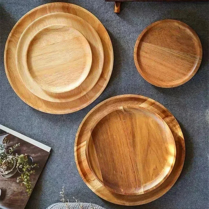 Acacia Wood Round Stackable Serving Tray Snack Plate Home Decor