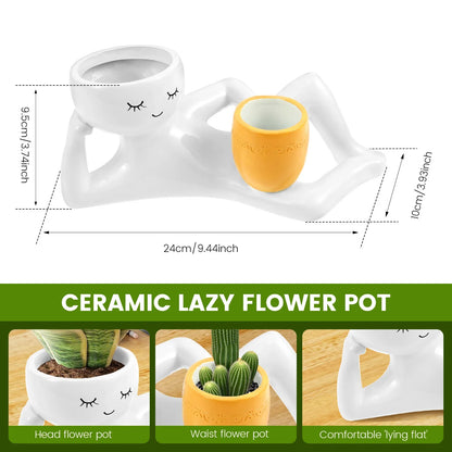 Lazy Guy Resin Planter Funny Succulent Pot Drainage Hole Desk Decor