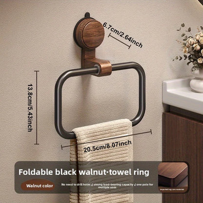 Vintage Walnut Wood Towel Ring Wall-Mounted Suction Cup No-Drill Bathroom Home Decor