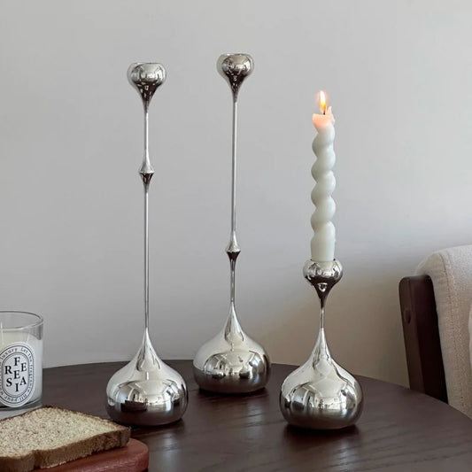 Silver Metal Taper Candle Holder Slim Romantic Table Decor