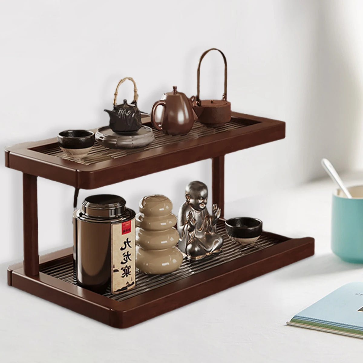 2-Tier Bamboo Countertop Organiser Shelf with Acrylic Base Kitchen Bathroom Home Decor