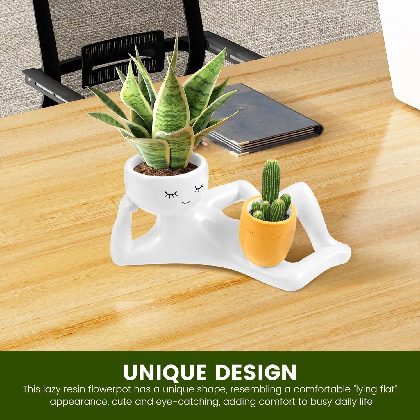Lazy Guy Resin Planter Funny Succulent Pot Drainage Hole Desk Decor