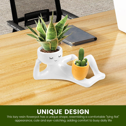 Lazy Guy Resin Planter Funny Succulent Pot Drainage Hole Desk Decor