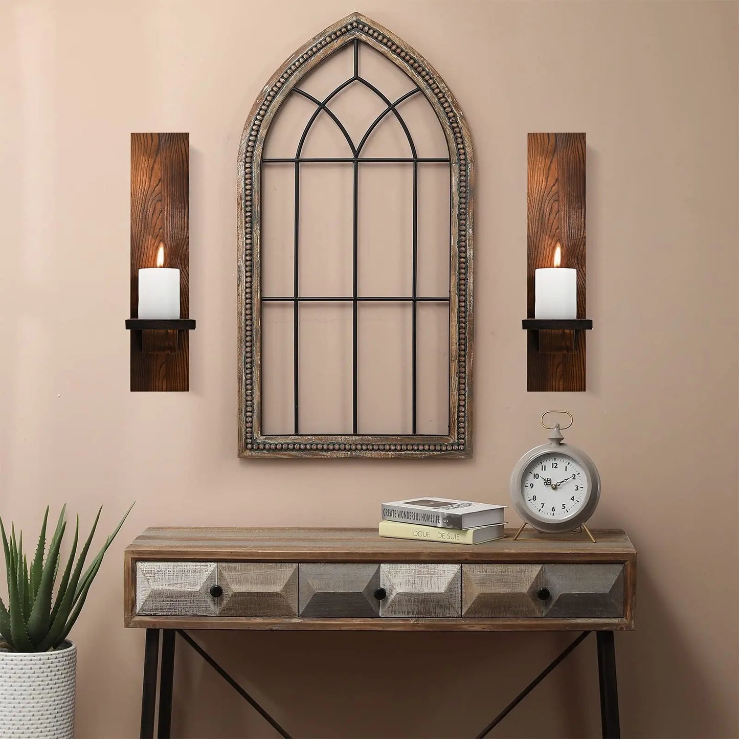 Wooden Wall Candle Sconces Set of 2 Rustic Vintage Wall Mount Decor