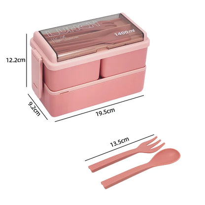 1400ml Double Layer Bento Box with Fork and Spoon Microwave Safe Portable Lunch Box