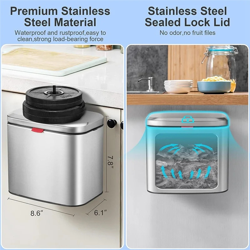 Wall-Mounted Stainless Steel Compost Bin with Lid 4L Kitchen Cabinet Door
