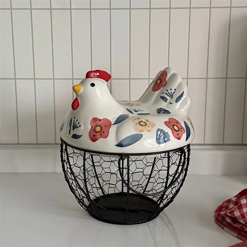 Egg Holder Ceramic Chicken Shaped Lid Farmhouse Kitchen Counter Decor