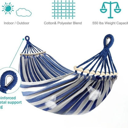 Double Canvas Hammock with Curved Wooden Poles Anti-Roll Outdoor Swing Bed
