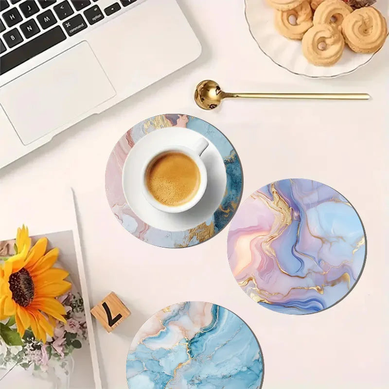 Marble Pattern Printed Coaster Set of 4 Non-Slip Wooden Home Decor