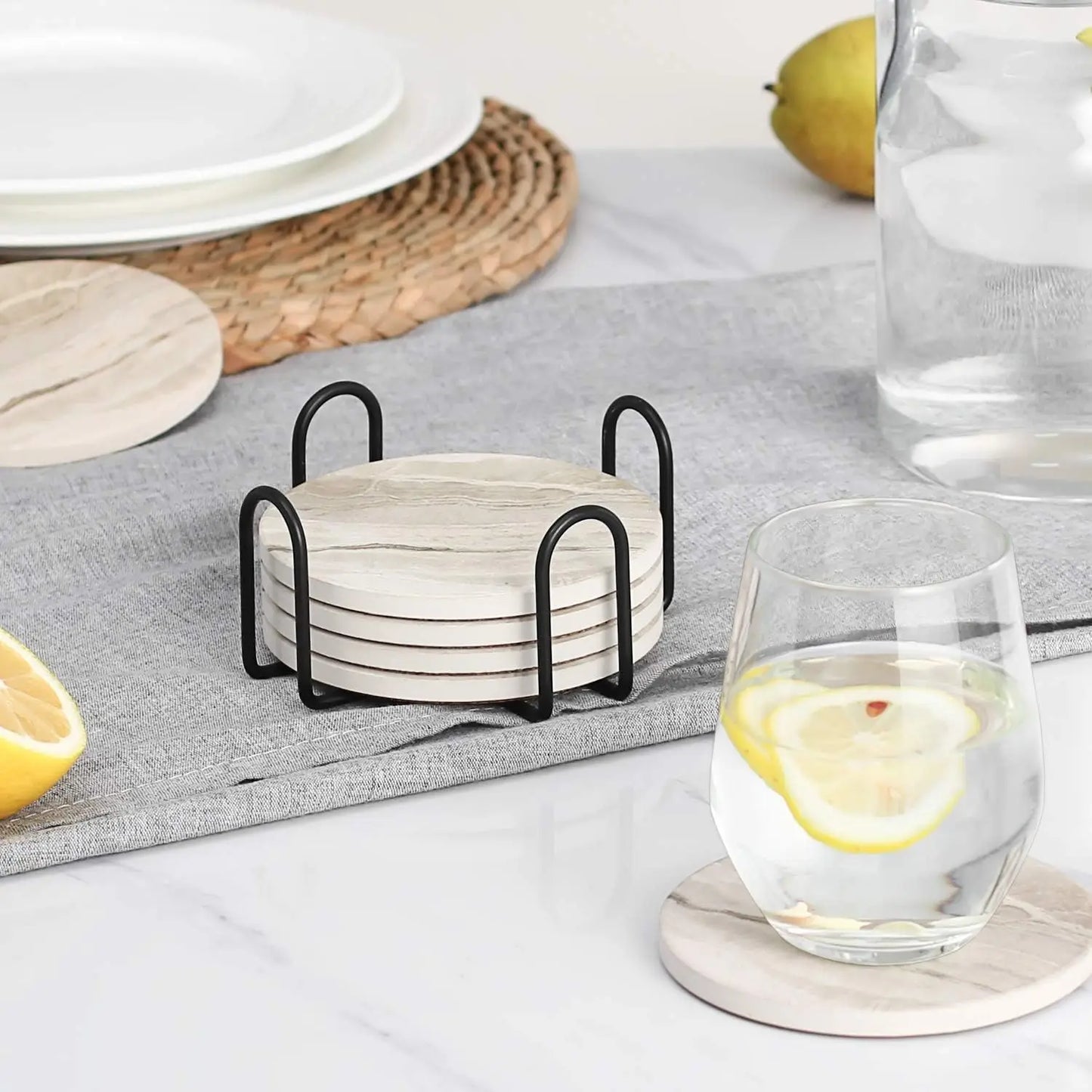 Marble Ceramic Coaster Set of 6 with Holder Table Decor Home Accessories