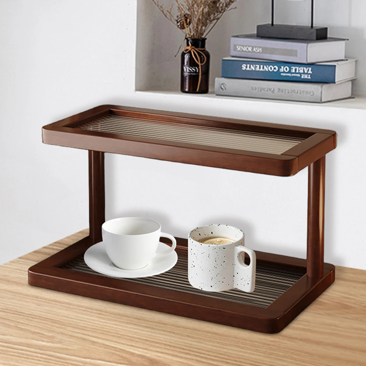 2-Tier Bamboo Countertop Organiser Shelf with Acrylic Base Kitchen Bathroom Home Decor