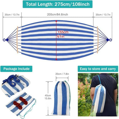 Double Canvas Hammock with Curved Wooden Poles Anti-Roll Outdoor Swing Bed