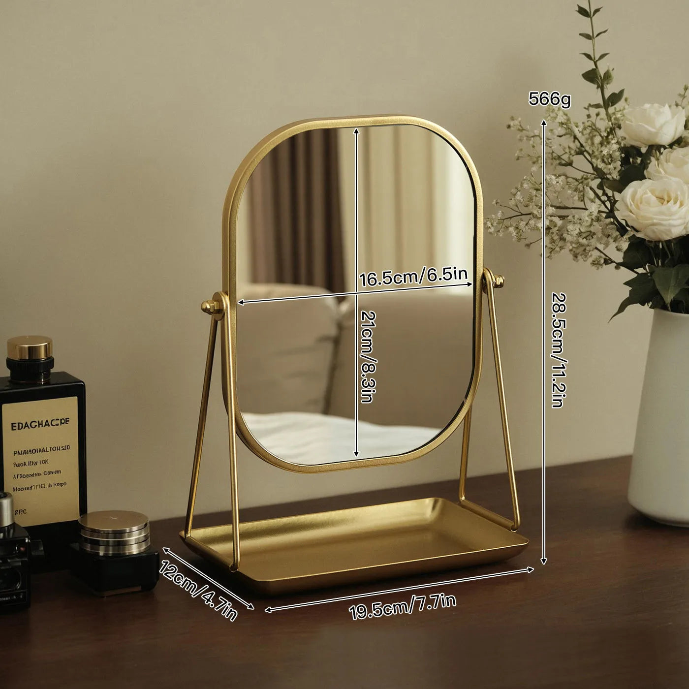 Rotating Desktop Vanity Mirror with Storage Base Luxury Dressing Table Mirror