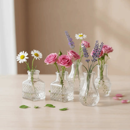 Retro Relief Mini Glass Vase Set of 10 Crystal Clear Bud Vase Home Decor