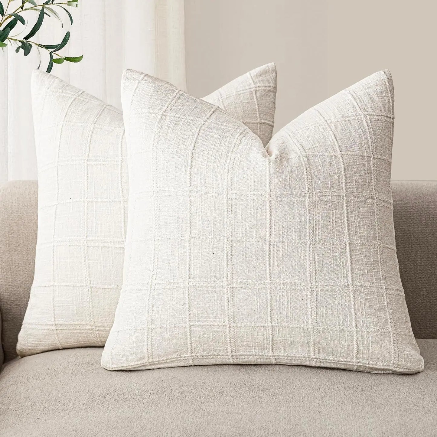 Boho Linen Check Throw Pillow Cover Neutral Sofa Cushion Cover