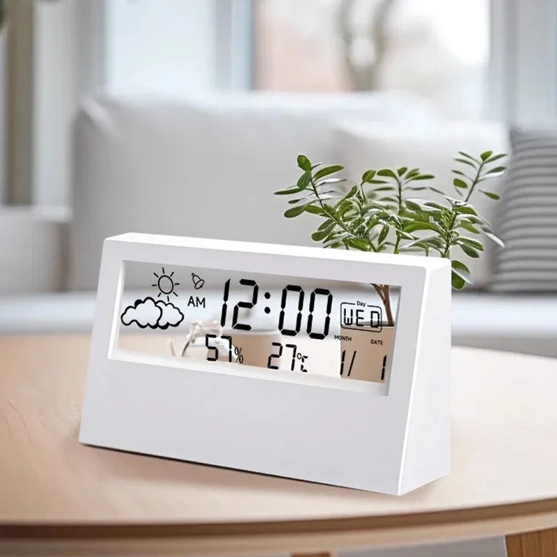 LCD Desktop Alarm Clock Transparent Calendar Temperature Humidity Display