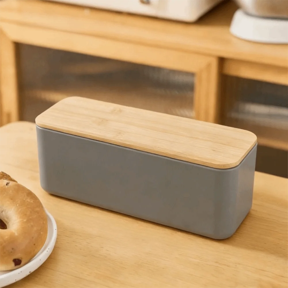 Bamboo Lid Bread Box Storage Bin Rectangular Kitchen Decor