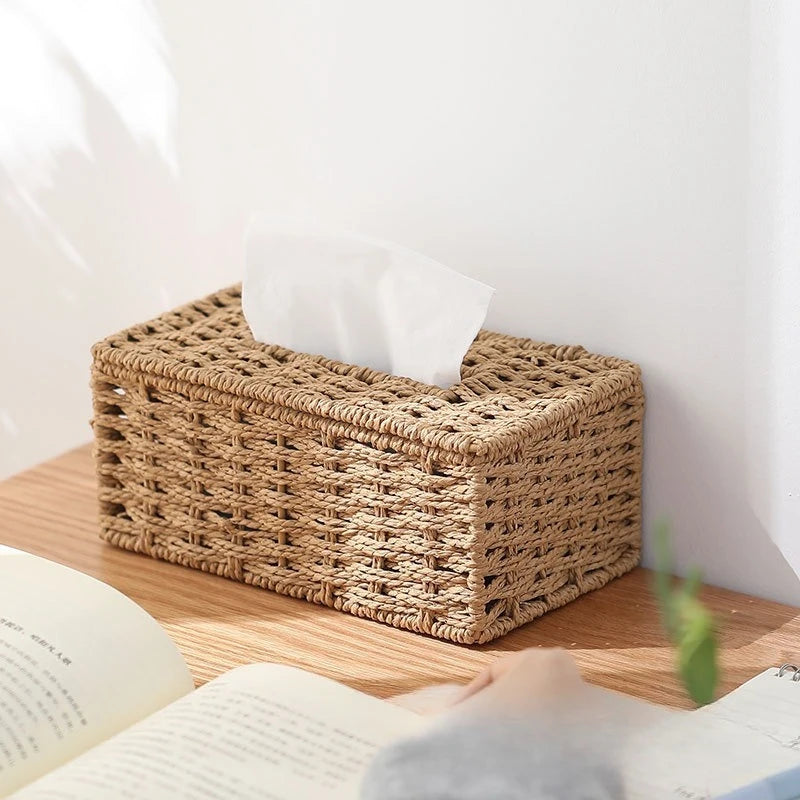 Woven Rattan Tissue Box Cover Natural Boho Storage Home Decor