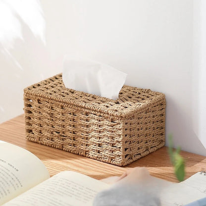 Woven Rattan Tissue Box Cover Natural Boho Storage Home Decor