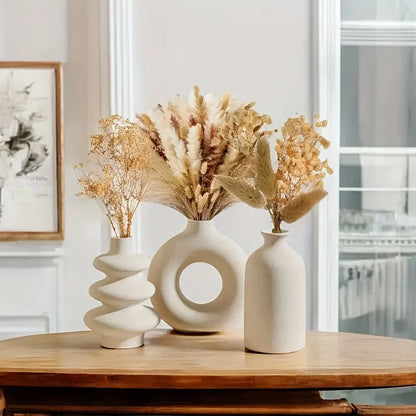 Ceramic Vase Set of 3 Boho Sculptural White Black Home Decor