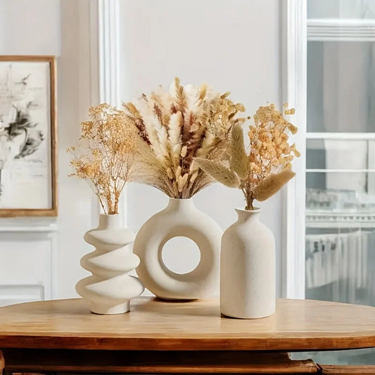 Ceramic Vase Set of 3 Boho Sculptural White Black Home Decor