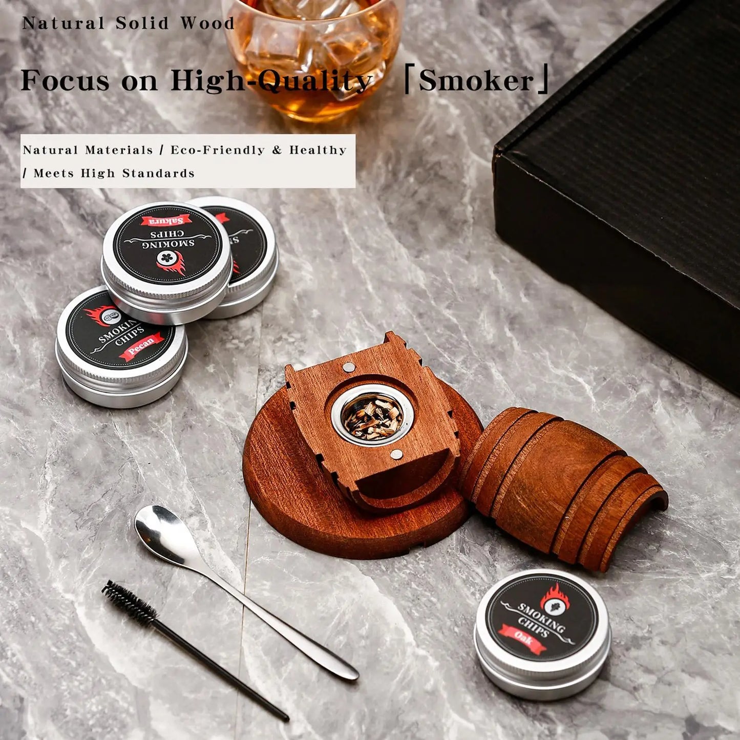 Wooden Whiskey Smoker Kit Cocktail Spirits Infuser Bar Tool Gift for Him