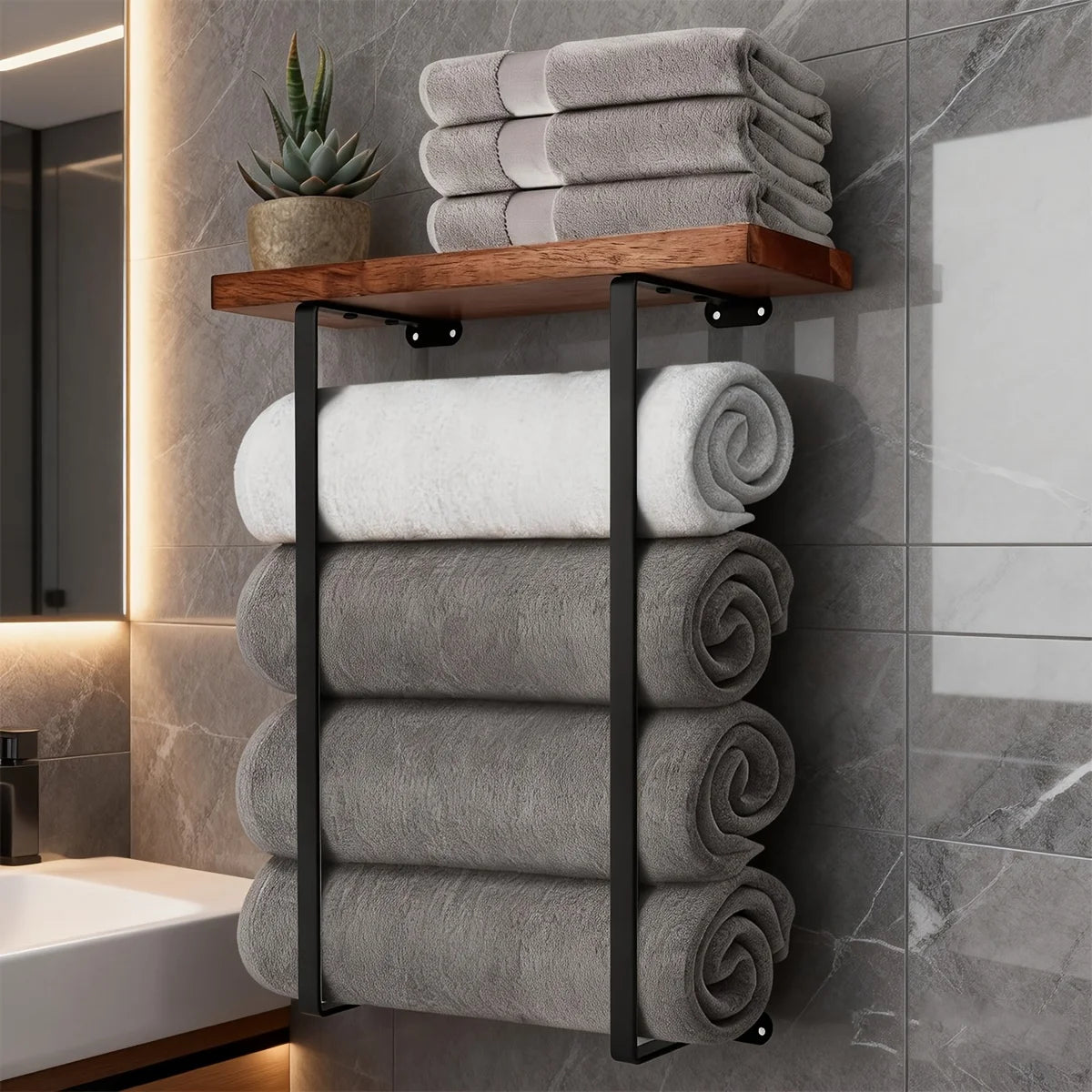Black Wall Mounted Towel Rack Bathroom Shelf Minimalist Storage Organiser Decor