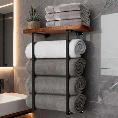 Black Wall Mounted Towel Rack Bathroom Shelf Minimalist Storage Organiser Decor
