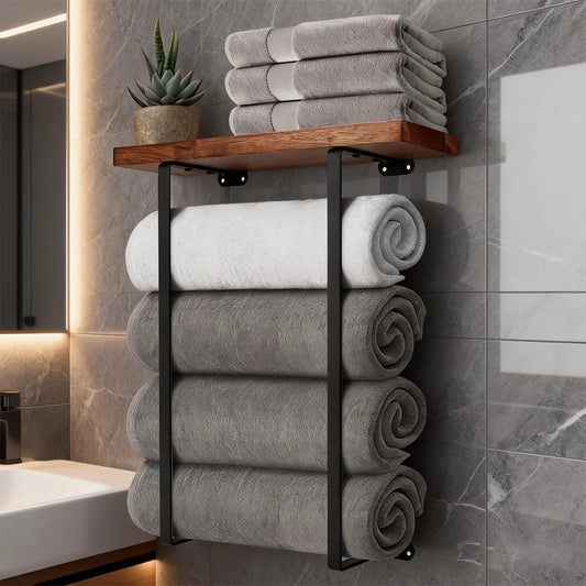 Black Wall Mounted Towel Rack Bathroom Shelf Minimalist Storage Organiser Decor