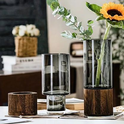 Glass Vase with Wooden Base Hydroponic Flower Vase Modern Home Decor