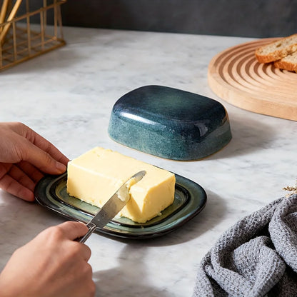 Retro Glazed Ceramic Butter Dish with Lid Countertop Kitchen Decor