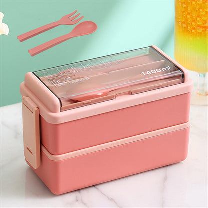 1400ml Double Layer Bento Box with Fork and Spoon Microwave Safe Portable Lunch Box