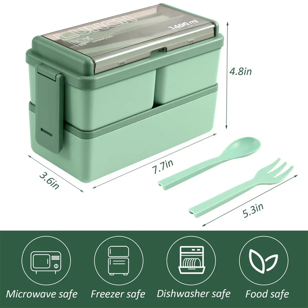 1400ml Double Layer Bento Box with Fork and Spoon Microwave Safe Portable Lunch Box