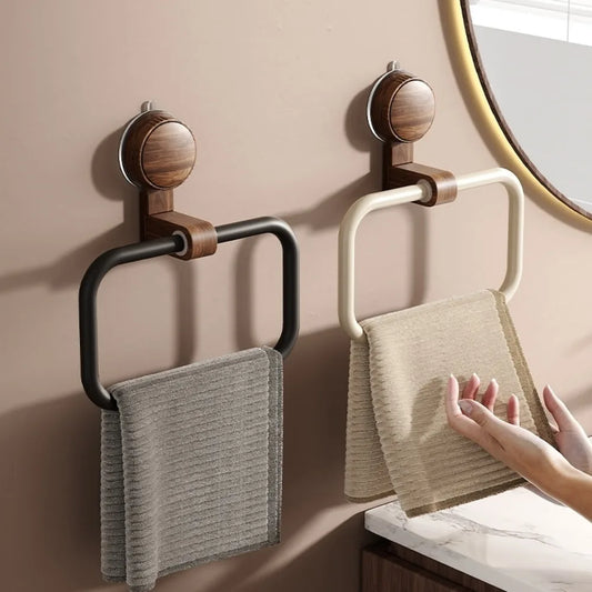 Vintage Walnut Wood Towel Ring Wall-Mounted Suction Cup No-Drill Bathroom Home Decor