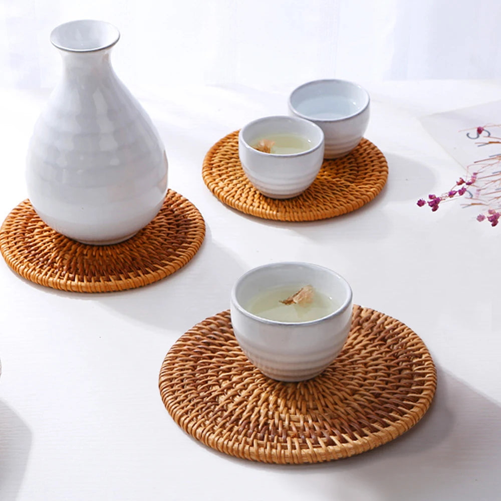 Natural Rattan Coaster Handwoven Boho Table Decor Home Accessories