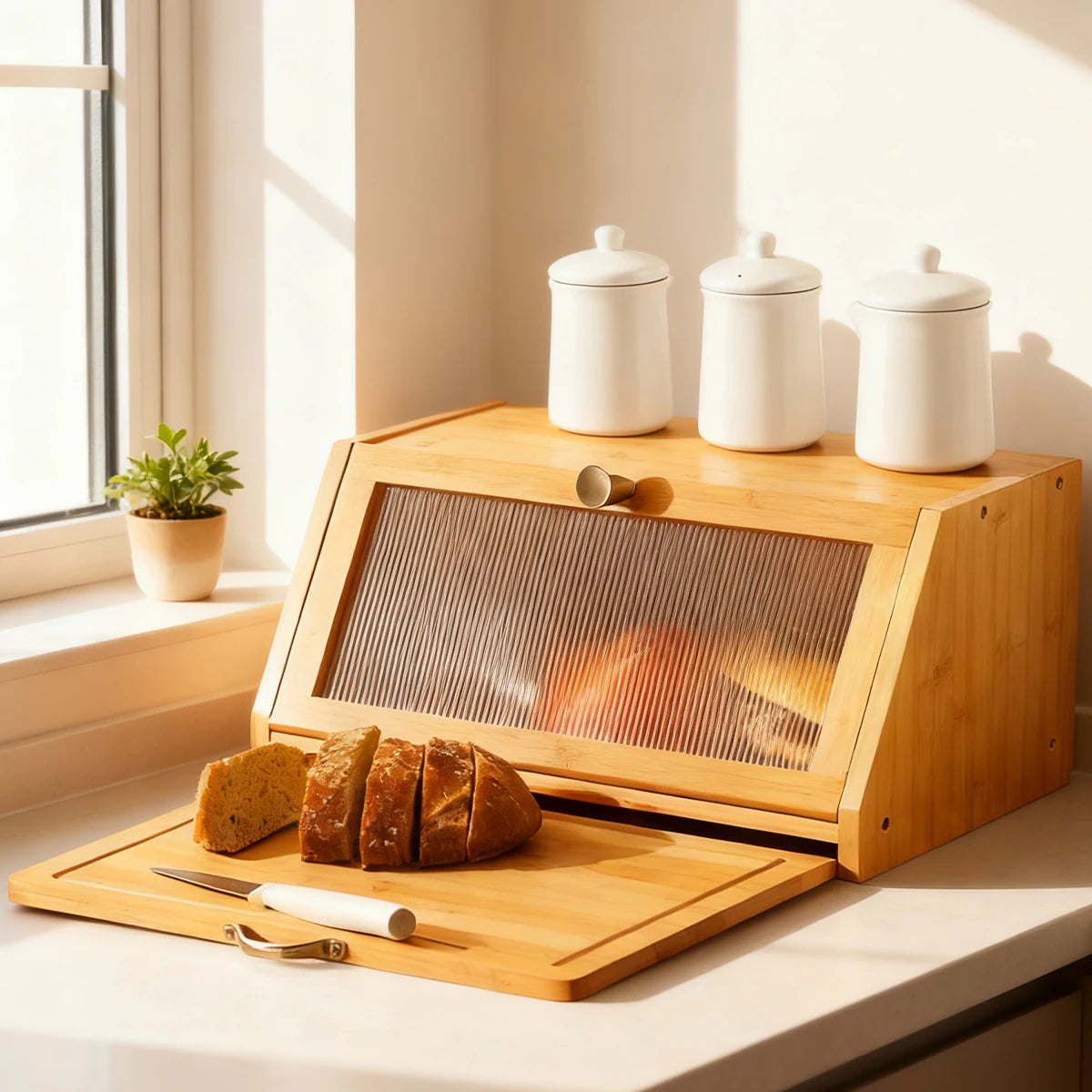 Bamboo Bread Box with Built-In Cutting Board Lid Large Kitchen Storage