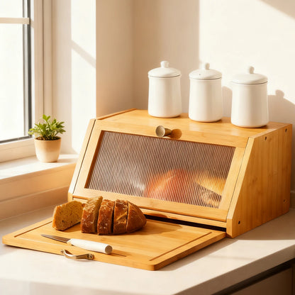 Bamboo Bread Box with Built-In Cutting Board Lid Large Kitchen Storage