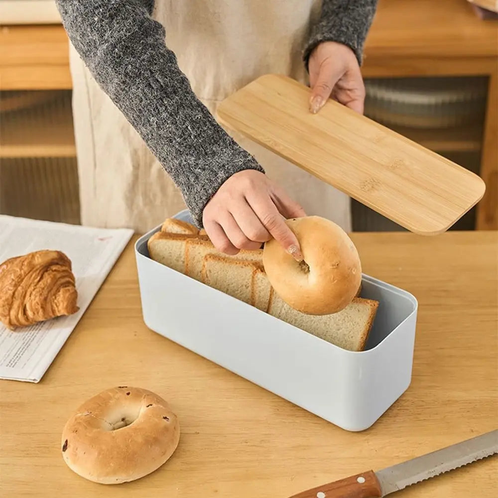 Bamboo Lid Bread Box Storage Bin Rectangular Kitchen Decor