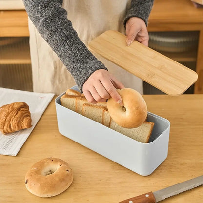 Bamboo Lid Bread Box Storage Bin Rectangular Kitchen Decor