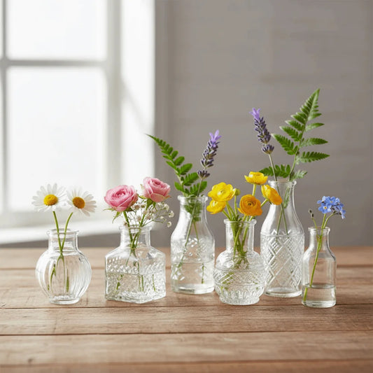 Retro Relief Mini Glass Vase Set of 10 Crystal Clear Bud Vase Home Decor