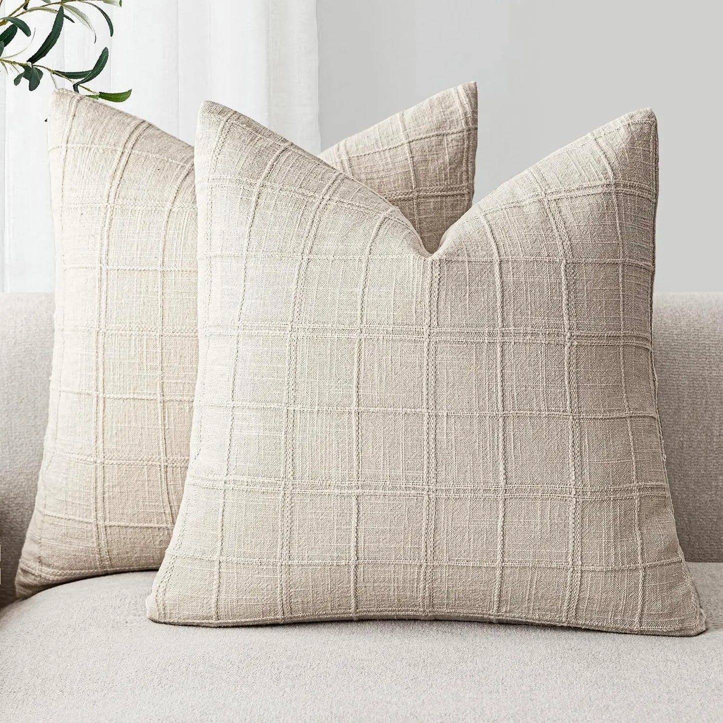 Boho Linen Check Throw Pillow Cover Neutral Sofa Cushion Cover