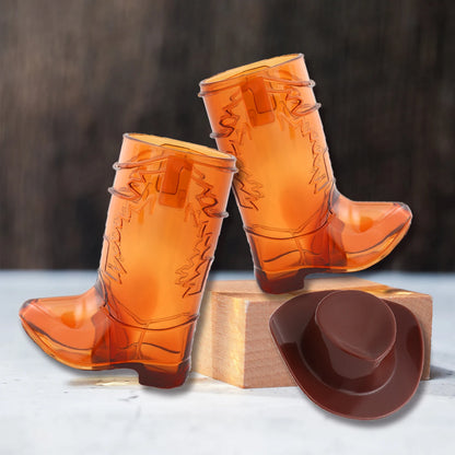 Cowboy Boot Shot Glass Set with Mini Hats Home Bar Party Glassware